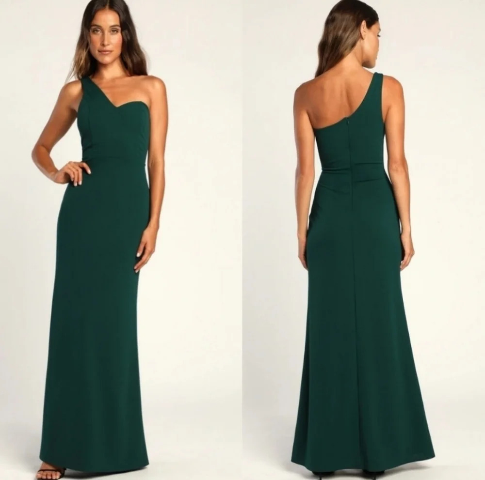 Lulus Boastful Beauty Hunter Green One-Shoulder Mermaid Maxi Dress Party Prom